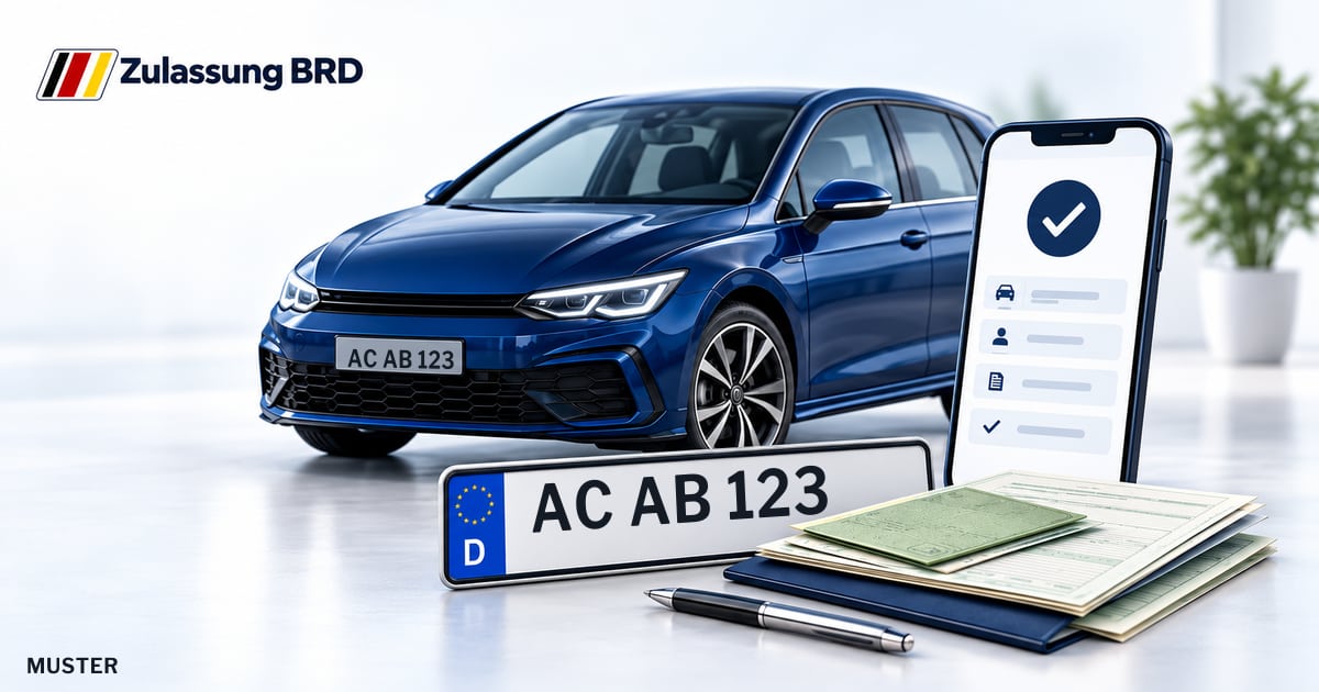 Online Fahrzeugzulassung in Baesweiler: Musterkennzeichen AC AB 123, Auto und Fahrzeugpapiere und Smartphone. Illustration mit Logo von Zulassung BRD.